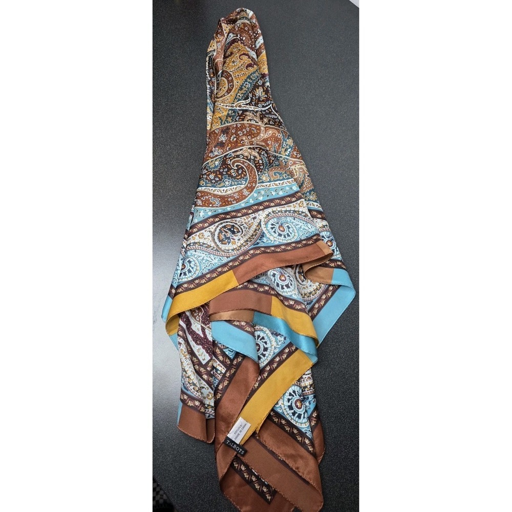New Talbots‎ Scarf Women Brown Teal Paisley 100% Silk Foral Boho Festival